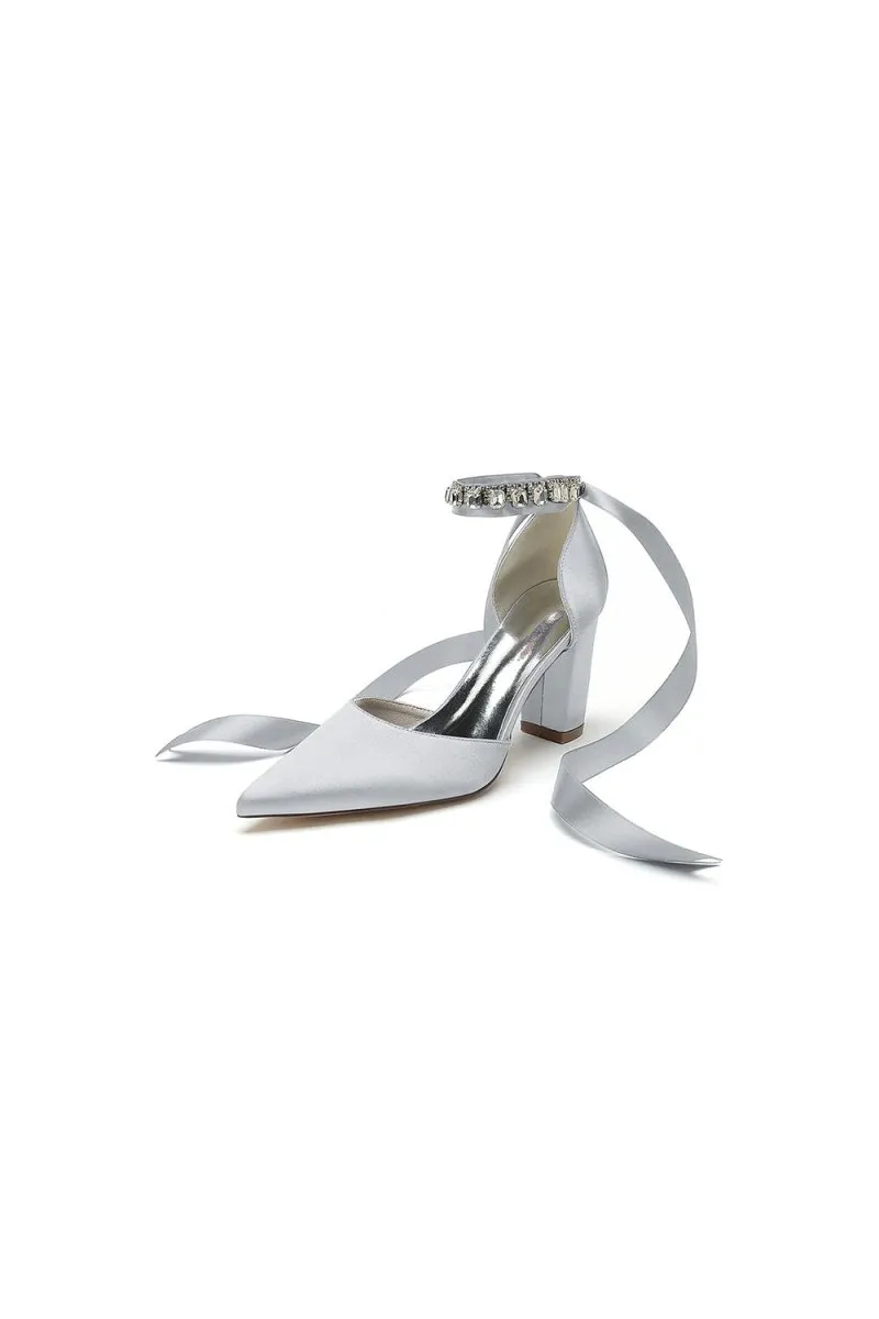Rhinestone Ribbon Pointed Toe Ankle Strap Chunky Heel