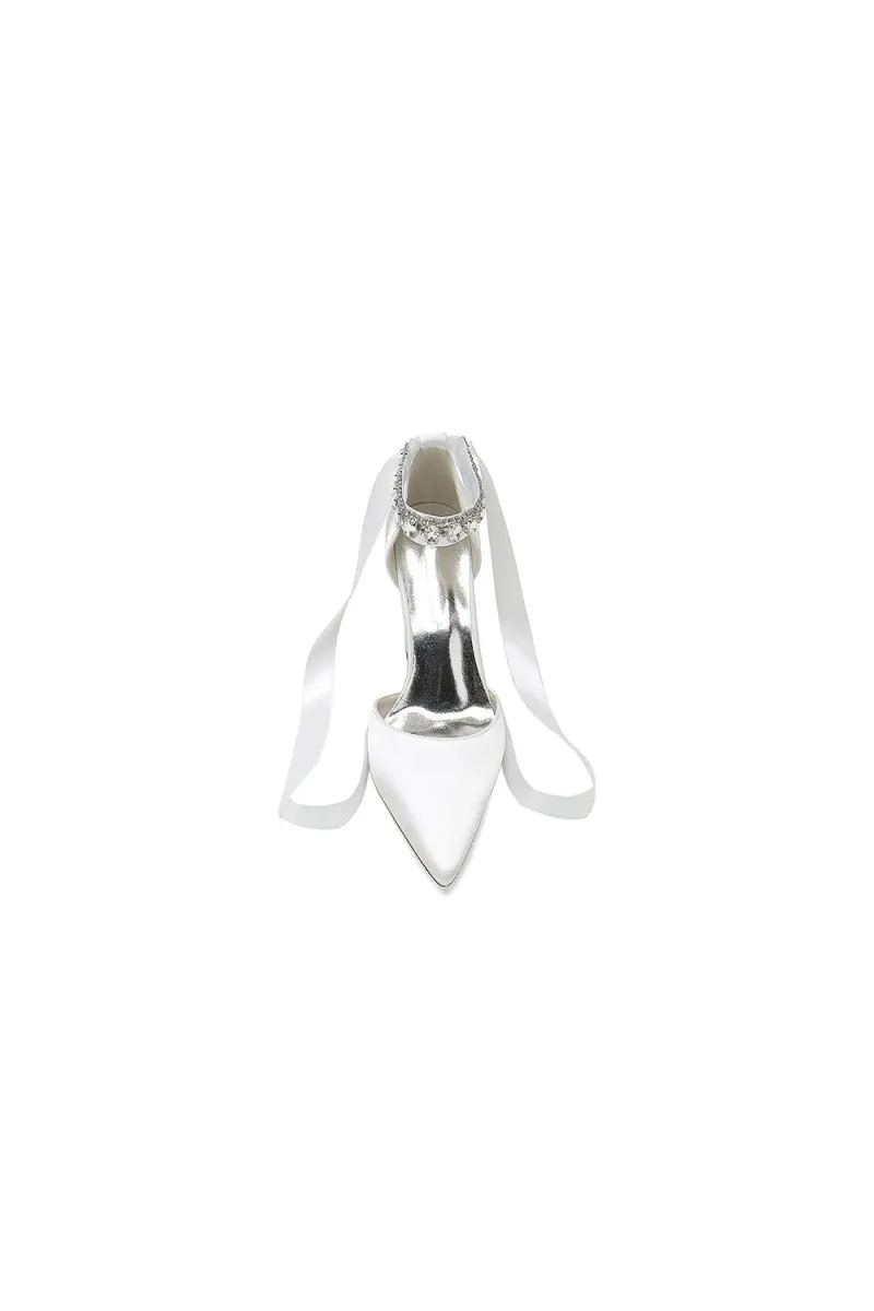 Rhinestone Ribbon Pointed Toe Ankle Strap Chunky Heel