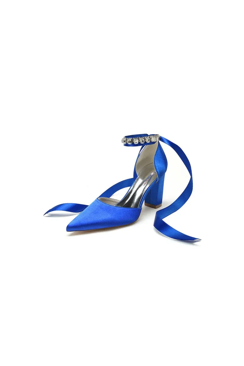 Rhinestone Ribbon Pointed Toe Ankle Strap Chunky Heel
