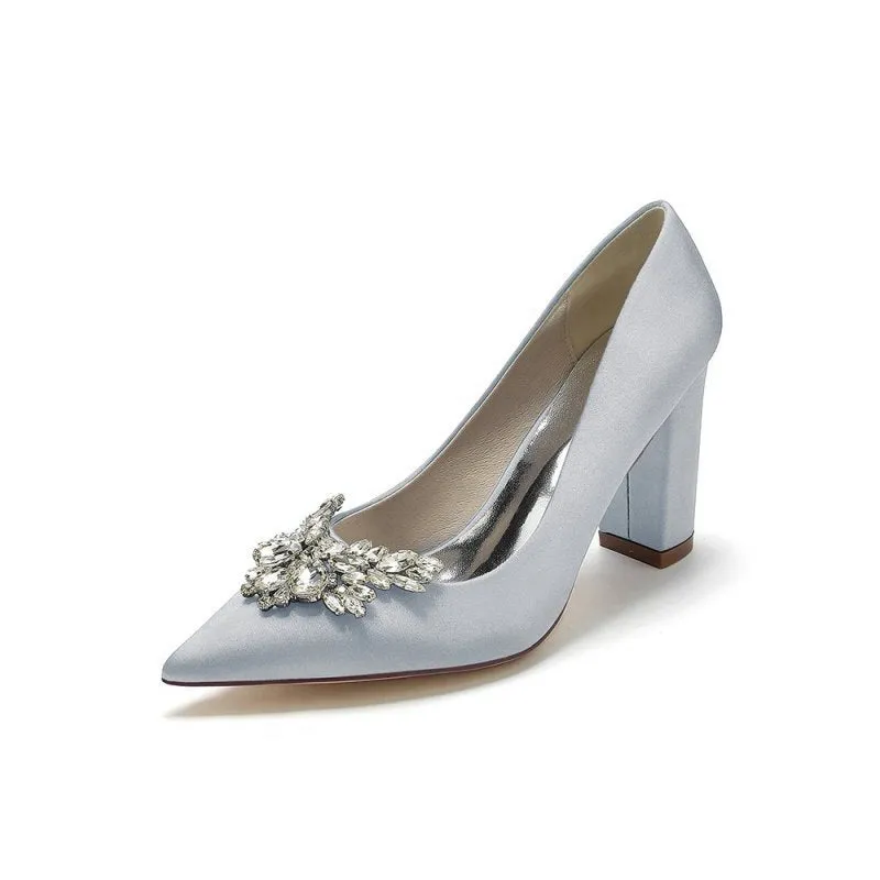 Satin Pointed Toe Slip-on Chunky Heels With Rhinestone