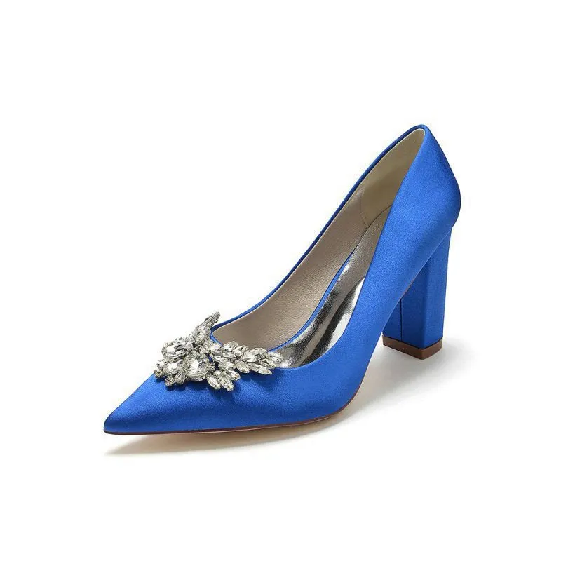 Satin Pointed Toe Slip-on Chunky Heels With Rhinestone
