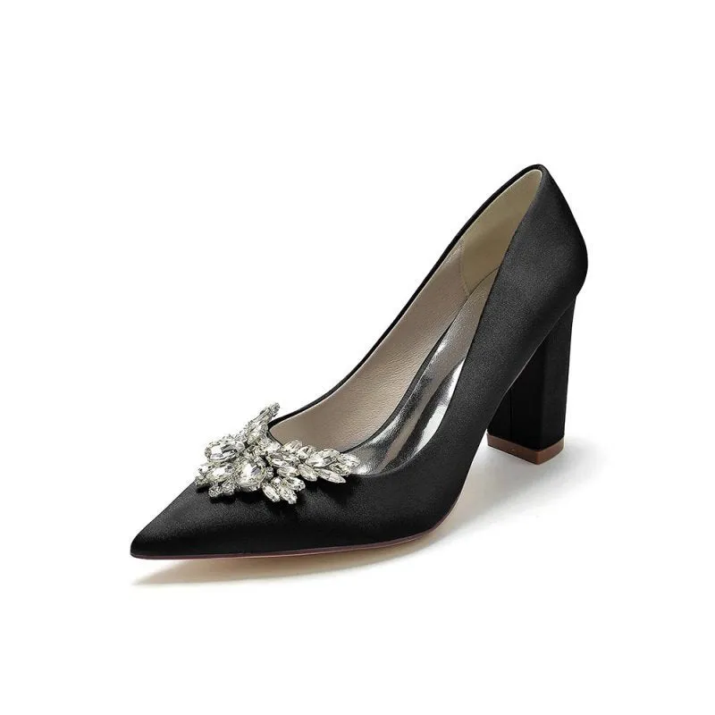 Satin Pointed Toe Slip-on Chunky Heels With Rhinestone