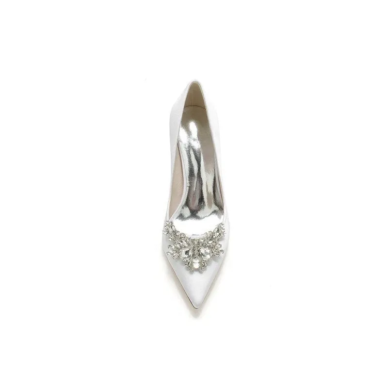 Satin Pointed Toe Slip-on Chunky Heels With Rhinestone