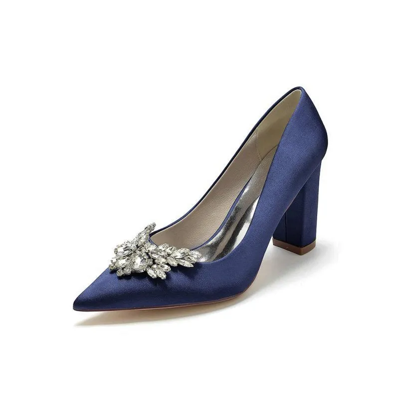 Satin Pointed Toe Slip-on Chunky Heels With Rhinestone