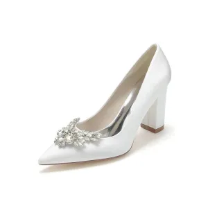 Satin Pointed Toe Slip-on Chunky Heels With Rhinestone