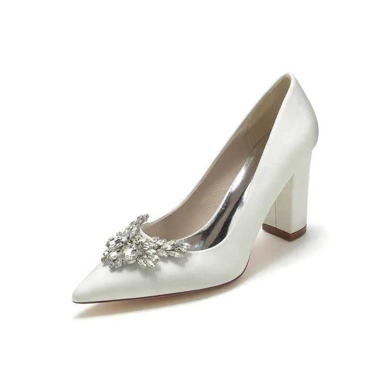 Satin Pointed Toe Slip-on Chunky Heels With Rhinestone