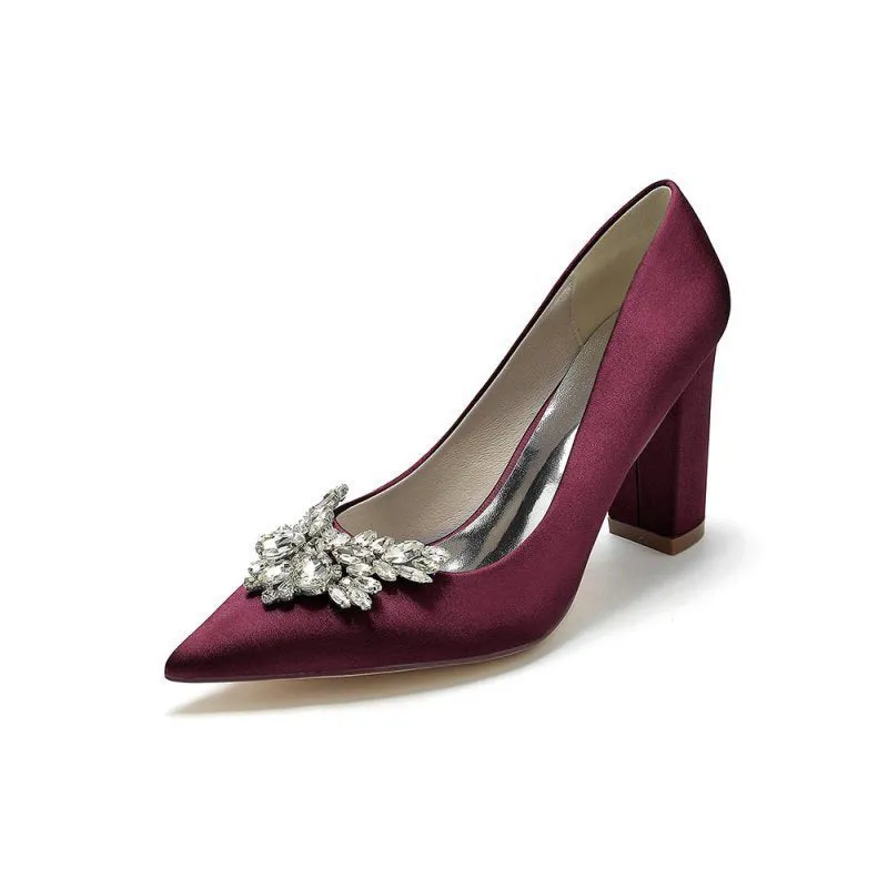 Satin Pointed Toe Slip-on Chunky Heels With Rhinestone