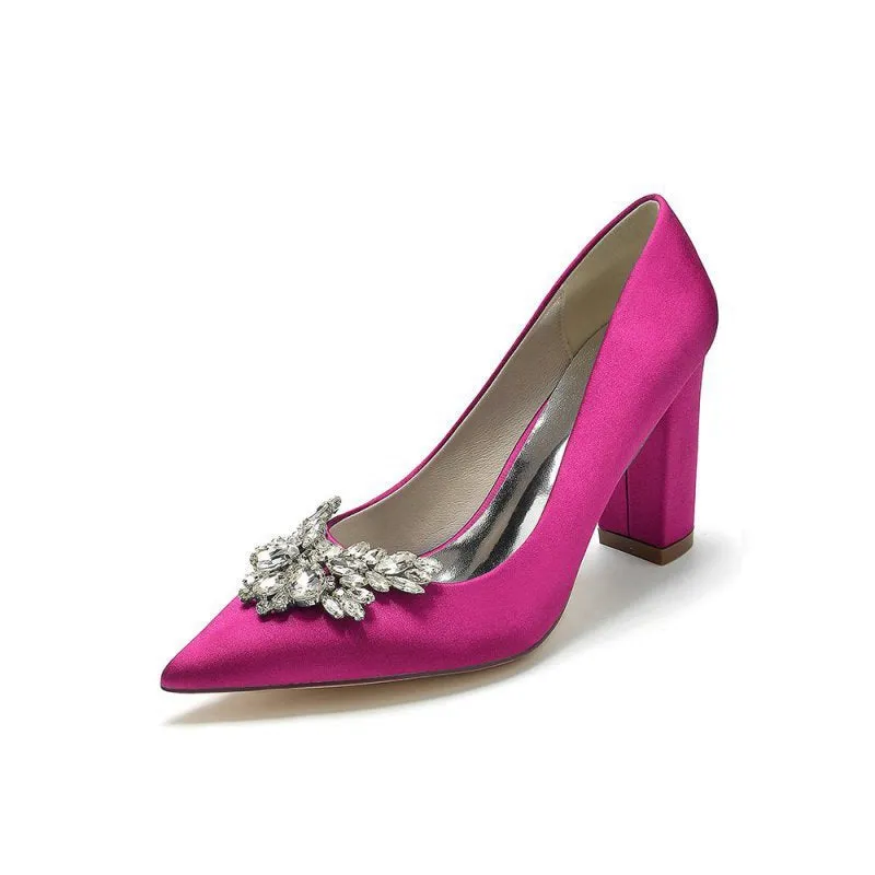 Satin Pointed Toe Slip-on Chunky Heels With Rhinestone