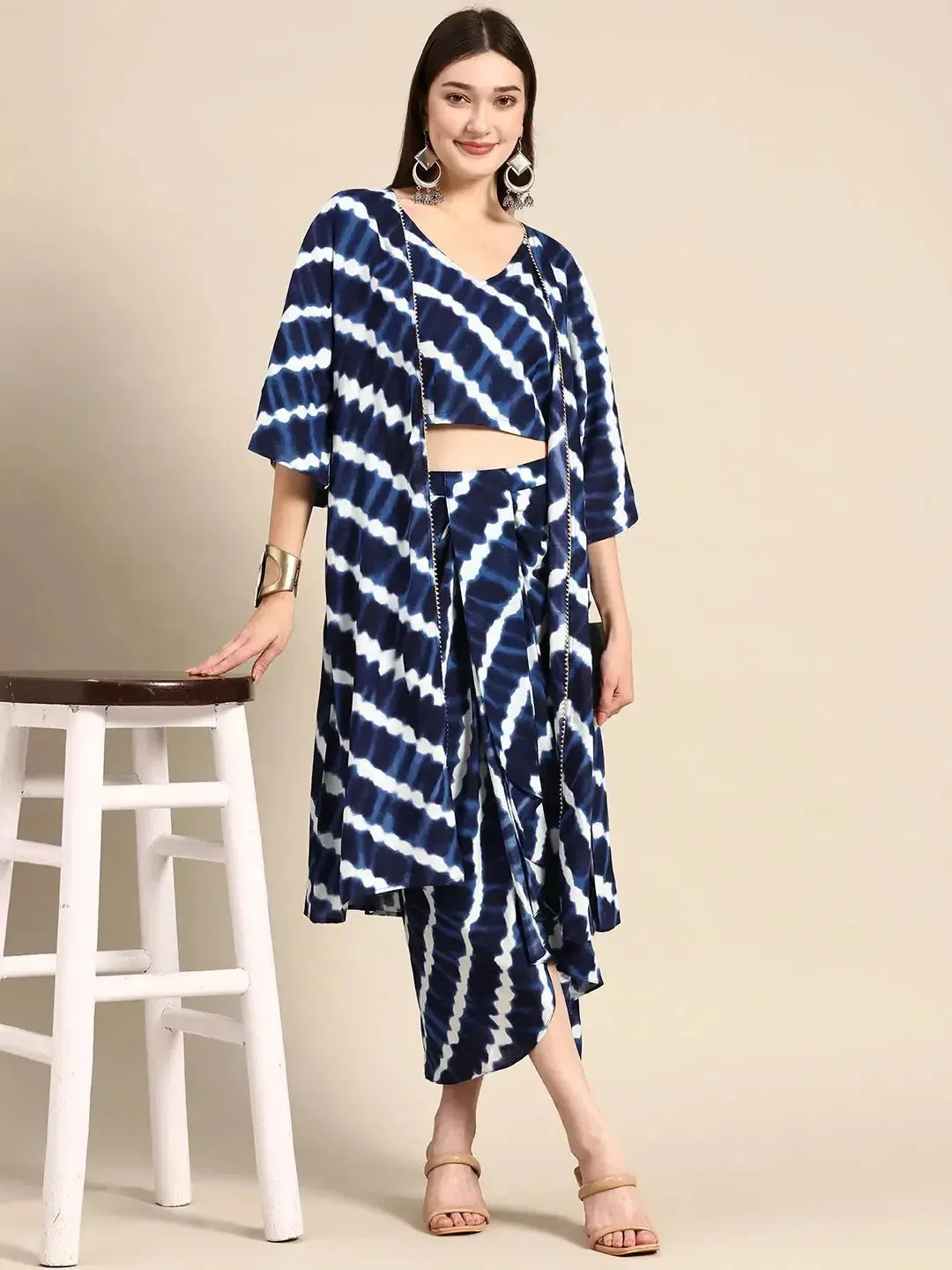 Shrug with crop top and dhoti skirt in Navy