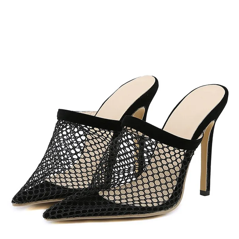 Size 35-42 Sexy Breathable Mesh Woman Pumps Slipper Summer Pointed Toe Mules High Heels Stiletto Sandal Female Shoes Black
