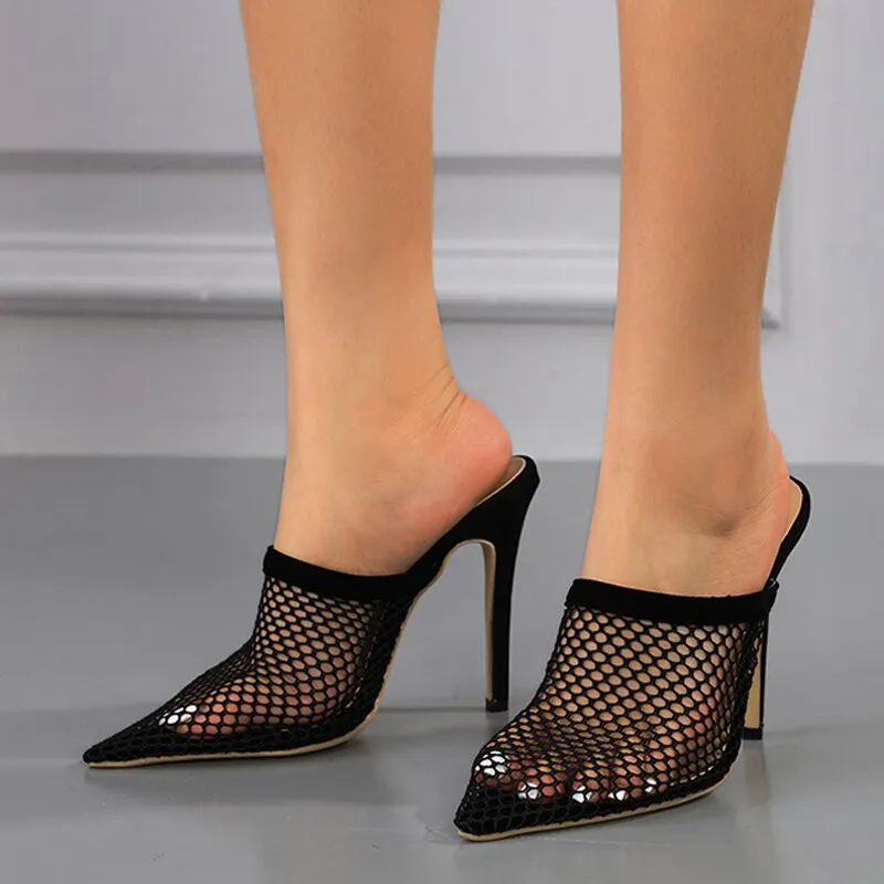 Size 35-42 Sexy Breathable Mesh Woman Pumps Slipper Summer Pointed Toe Mules High Heels Stiletto Sandal Female Shoes Black