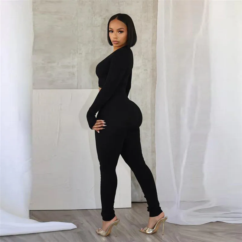Sleek Deep V-Neck Hollow-Out Long Sleeve Jumpsuit