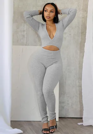 Sleek Deep V-Neck Hollow-Out Long Sleeve Jumpsuit