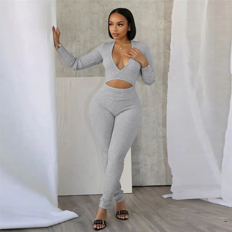 Sleek Deep V-Neck Hollow-Out Long Sleeve Jumpsuit