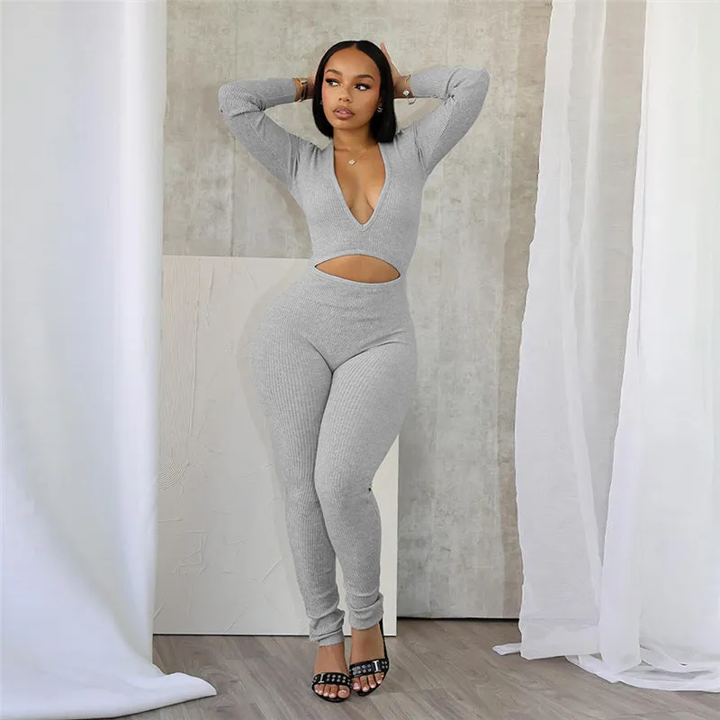 Sleek Deep V-Neck Hollow-Out Long Sleeve Jumpsuit