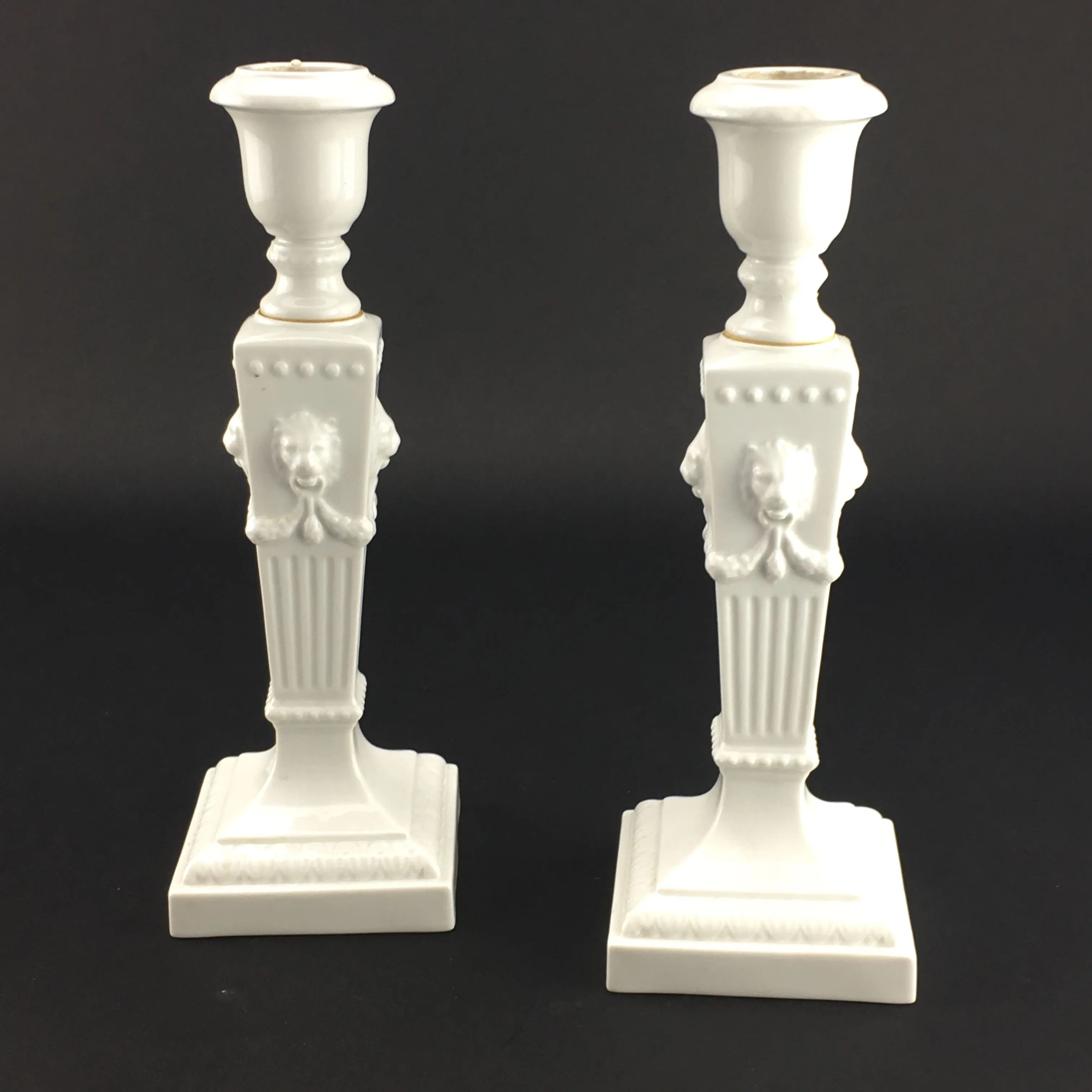 SOLD Pair Royal Copenhagen White Porcelain Candlesticks Neoclassical Design