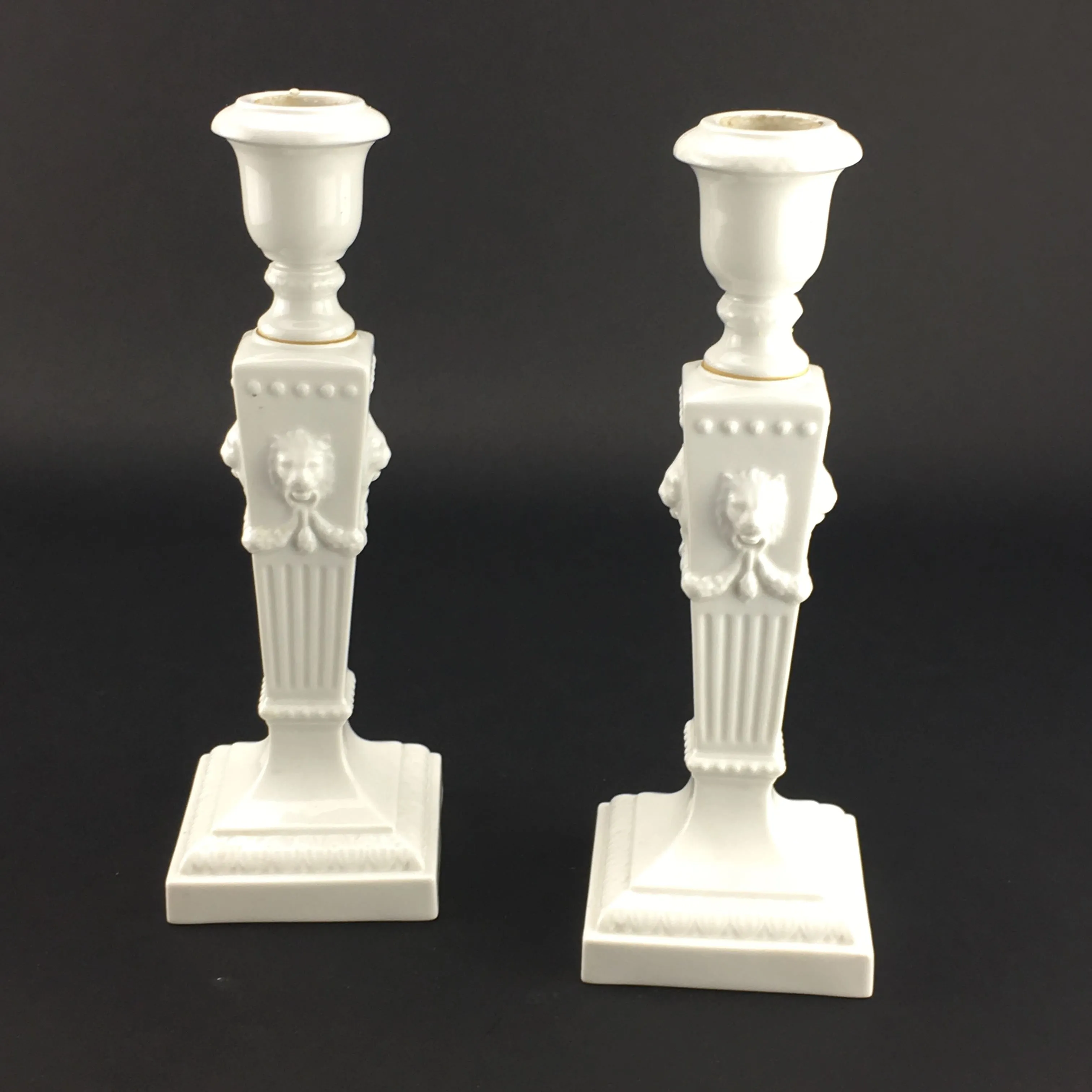 SOLD Pair Royal Copenhagen White Porcelain Candlesticks Neoclassical Design