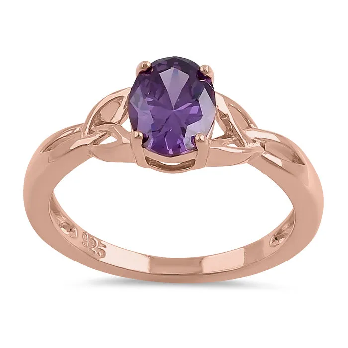 Sterling Silver Rose Gold Plated Charmed Oval Amethyst CZ Ring
