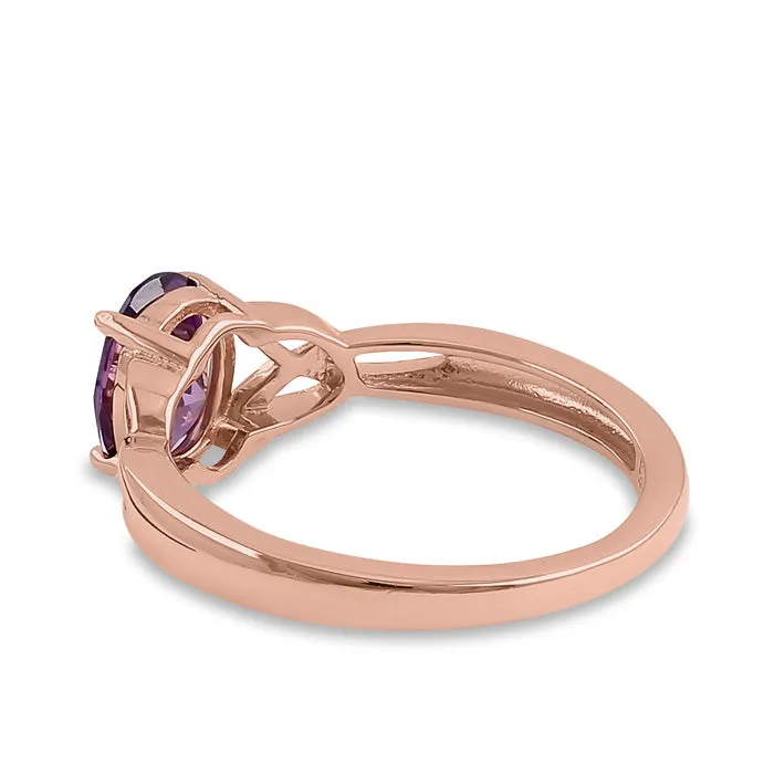 Sterling Silver Rose Gold Plated Charmed Oval Amethyst CZ Ring
