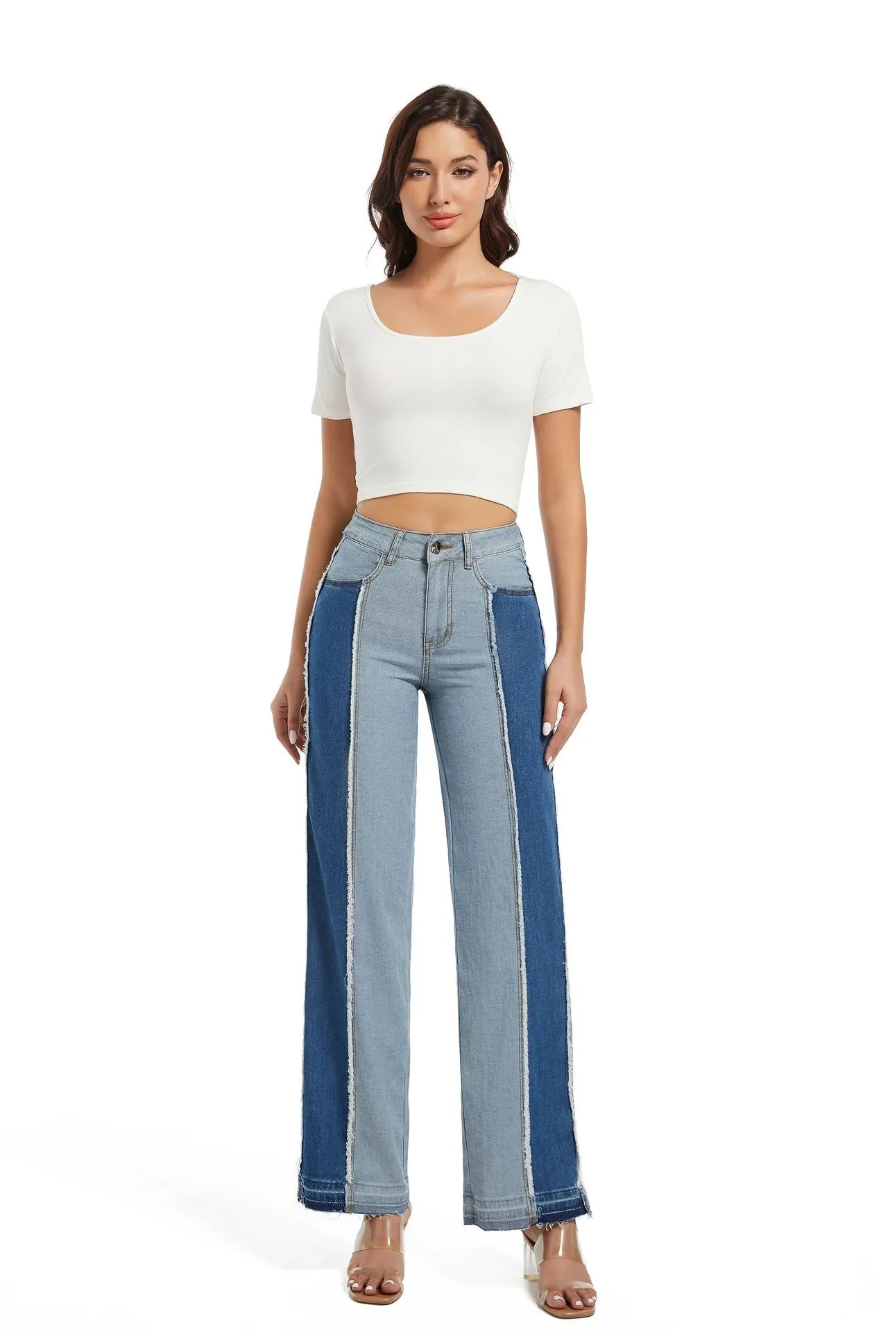 Stylish Patchwork Contrast Color High-Waist Slim Straight Denim Pants