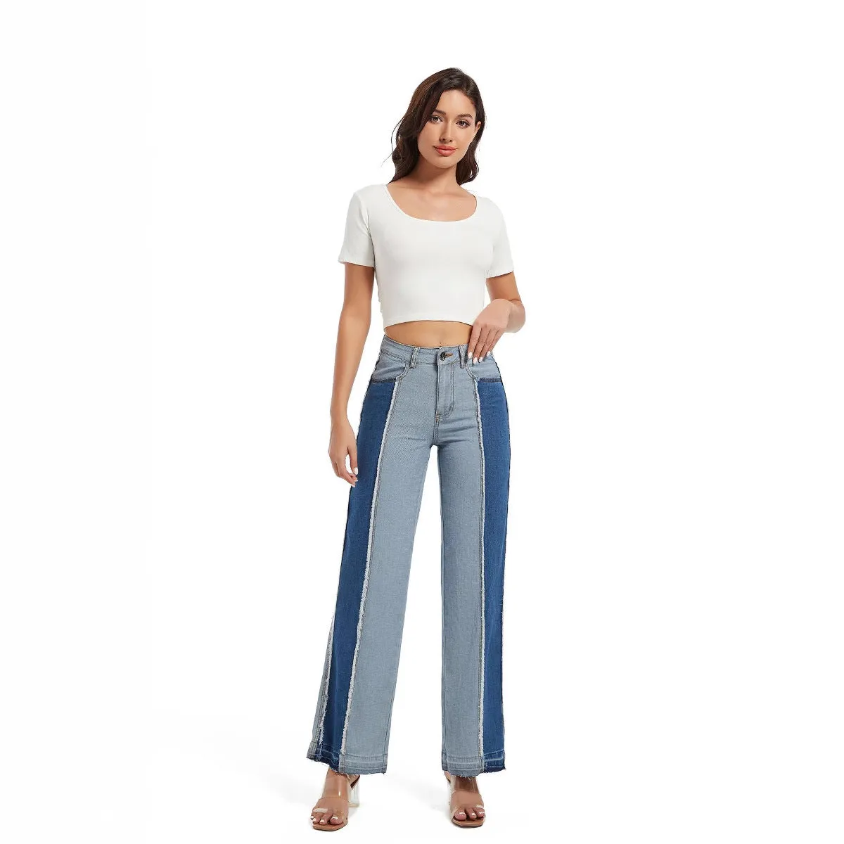 Stylish Patchwork Contrast Color High-Waist Slim Straight Denim Pants