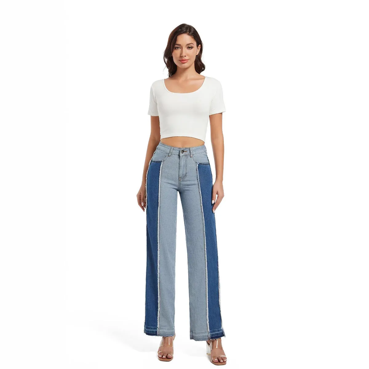Stylish Patchwork Contrast Color High-Waist Slim Straight Denim Pants