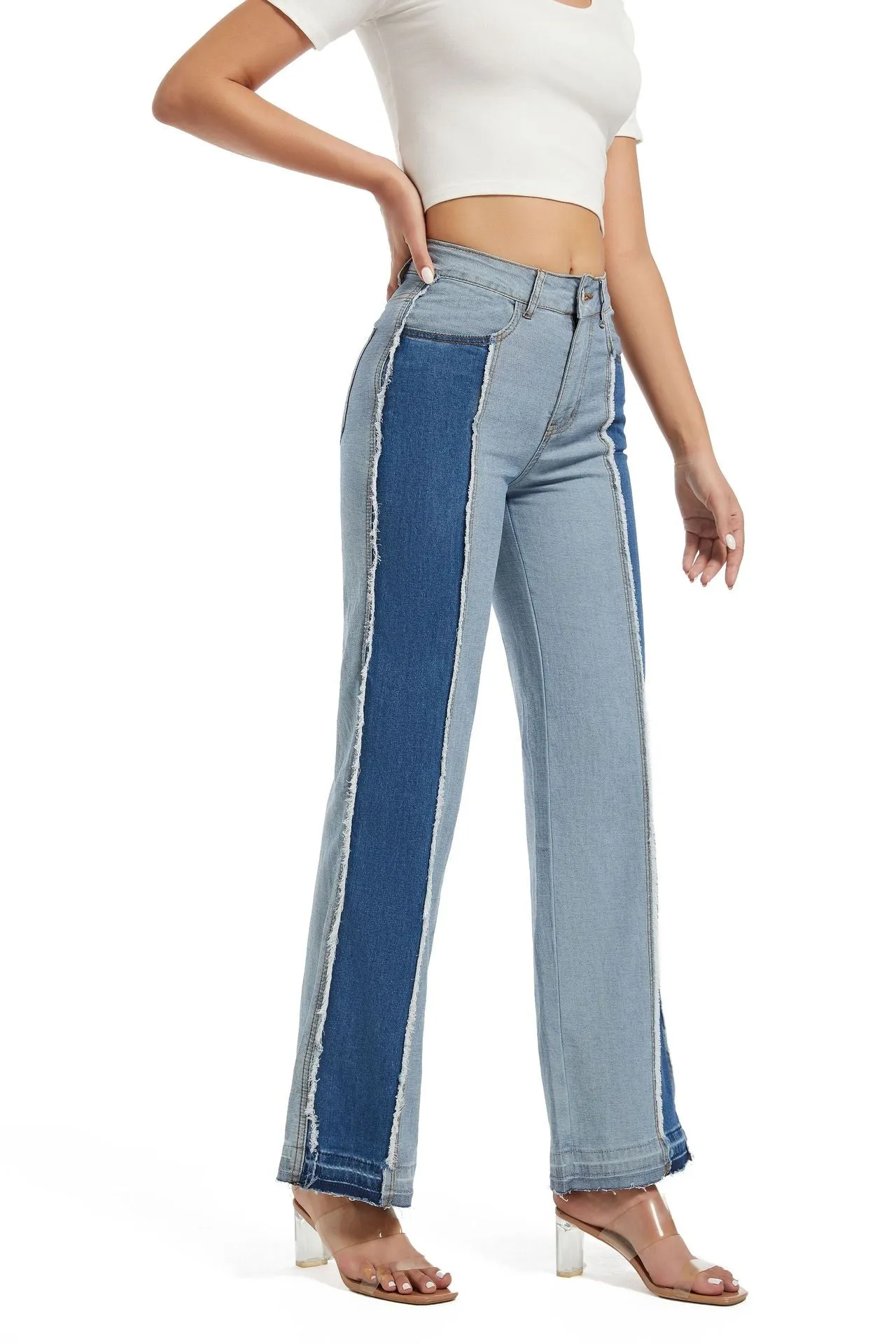 Stylish Patchwork Contrast Color High-Waist Slim Straight Denim Pants