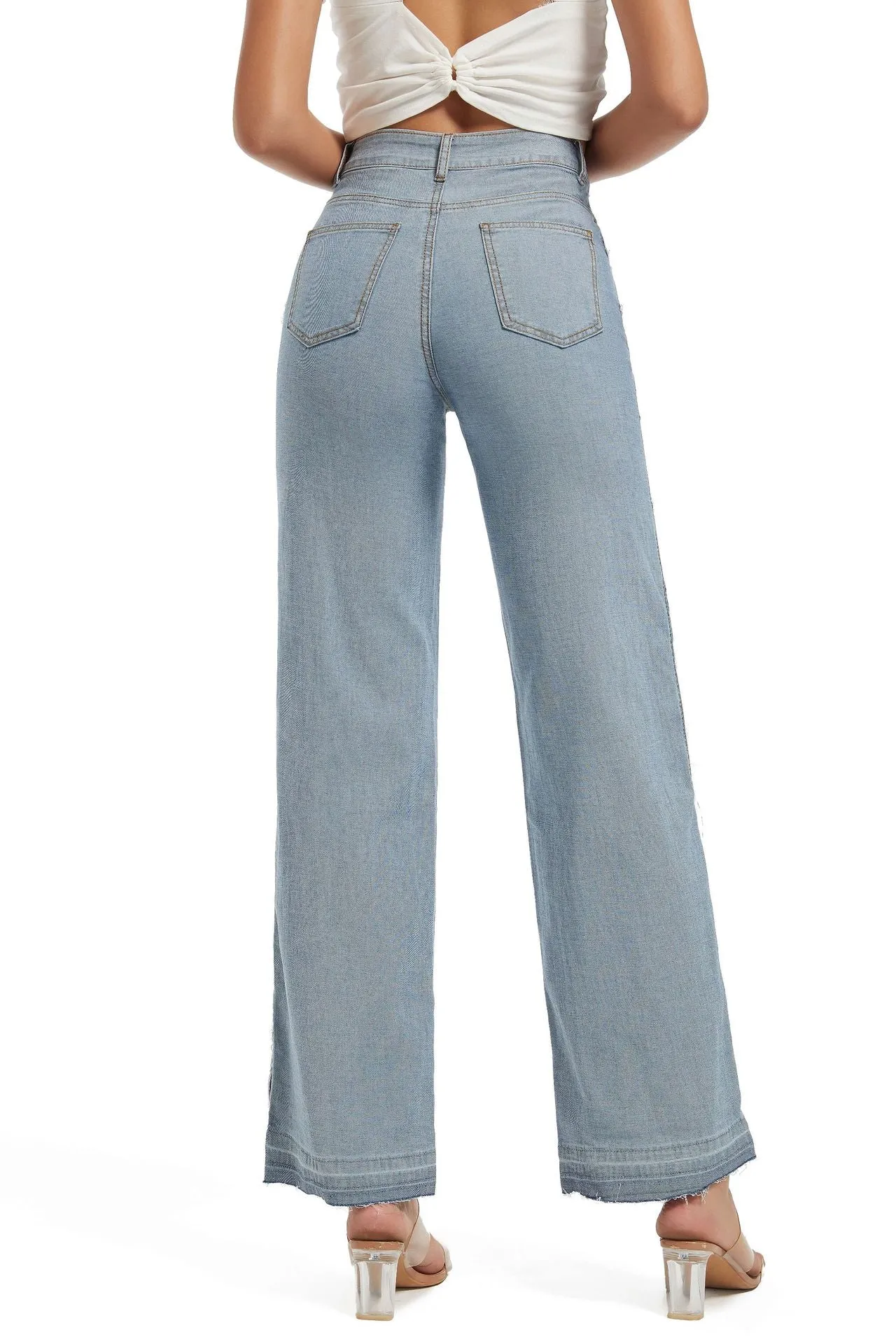 Stylish Patchwork Contrast Color High-Waist Slim Straight Denim Pants
