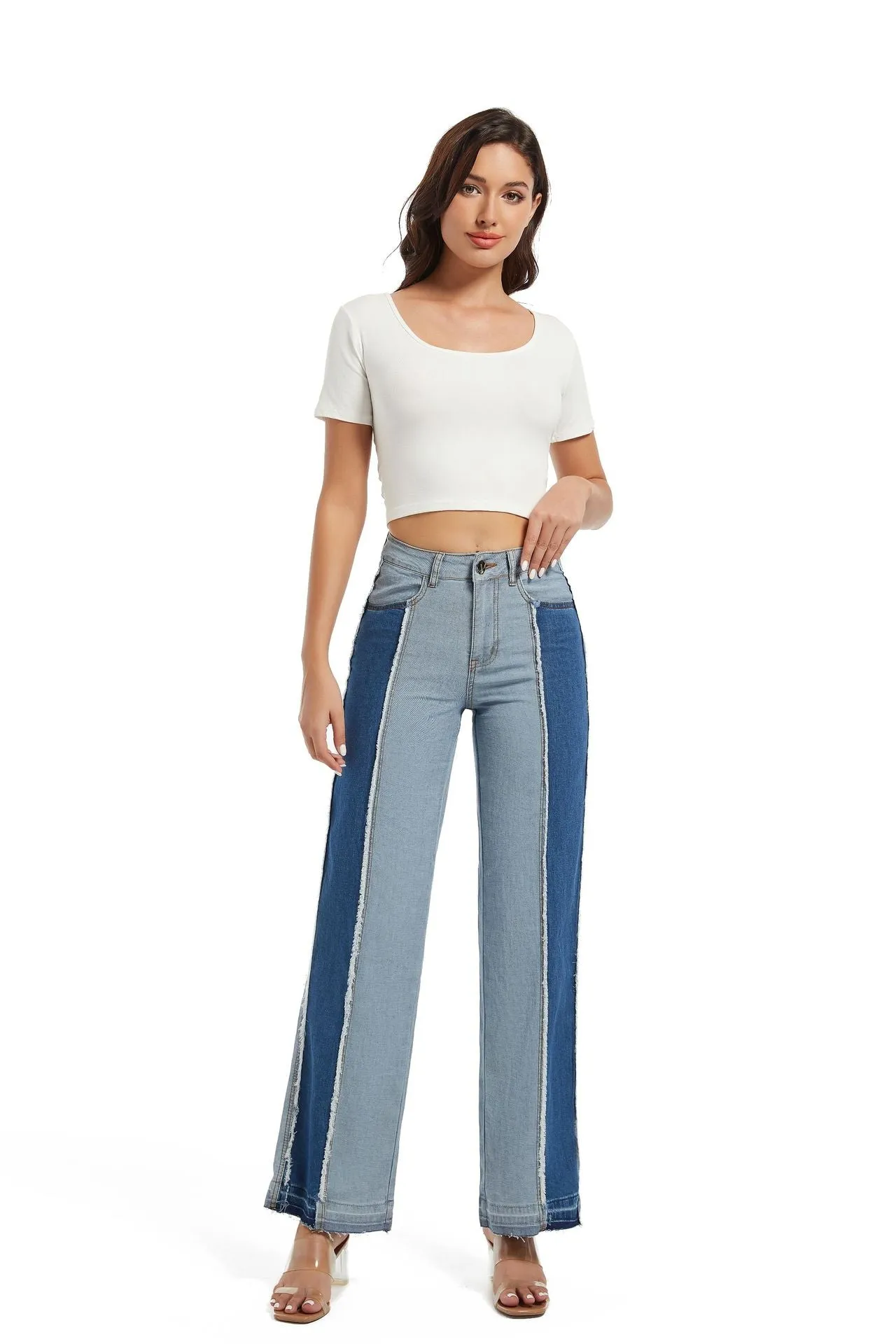 Stylish Patchwork Contrast Color High-Waist Slim Straight Denim Pants