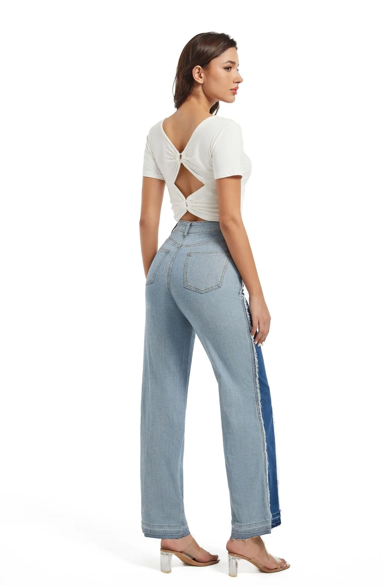 Stylish Patchwork Contrast Color High-Waist Slim Straight Denim Pants