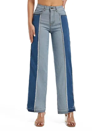 Stylish Patchwork Contrast Color High-Waist Slim Straight Denim Pants