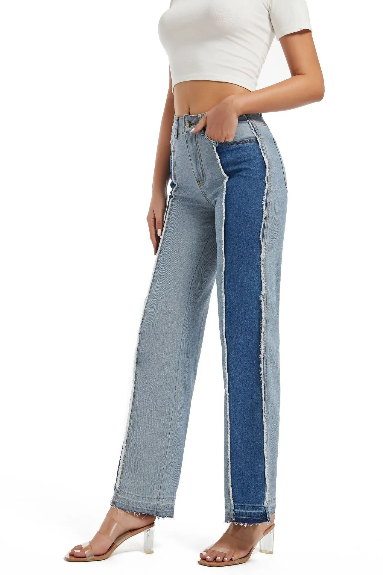 Stylish Patchwork Contrast Color High-Waist Slim Straight Denim Pants