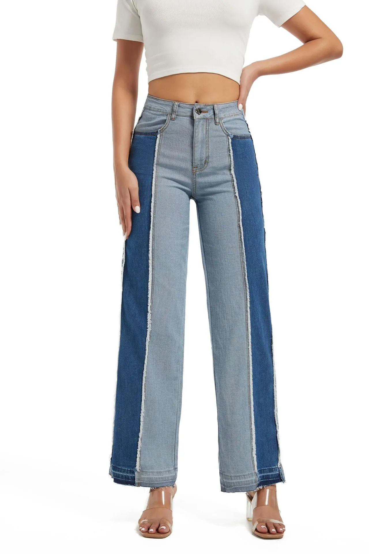 Stylish Patchwork Contrast Color High-Waist Slim Straight Denim Pants