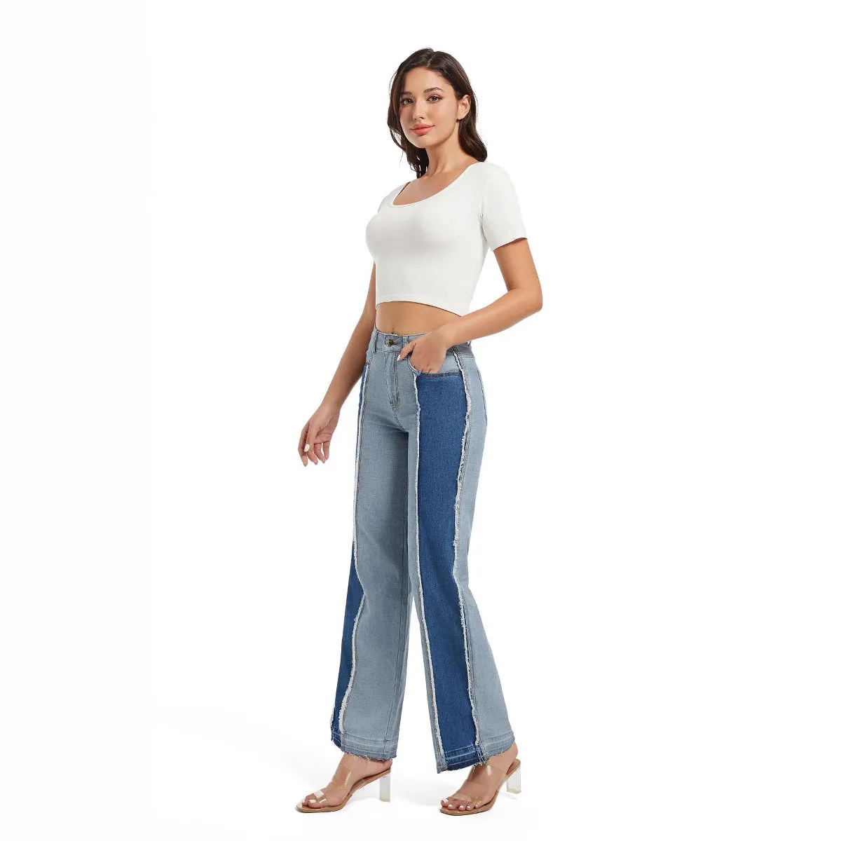 Stylish Patchwork Contrast Color High-Waist Slim Straight Denim Pants