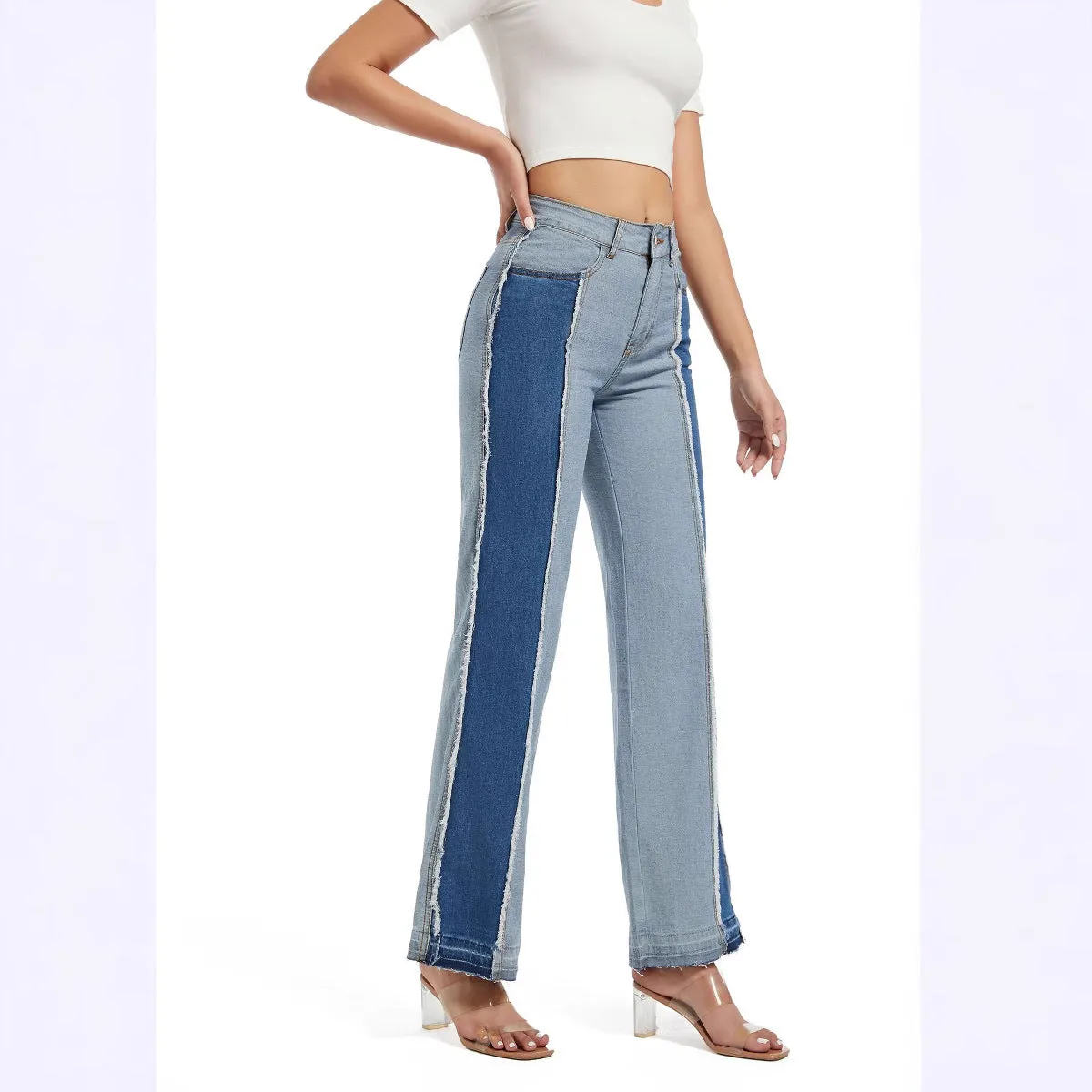 Stylish Patchwork Contrast Color High-Waist Slim Straight Denim Pants