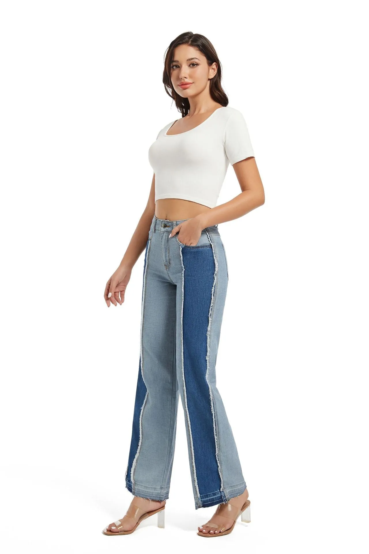 Stylish Patchwork Contrast Color High-Waist Slim Straight Denim Pants