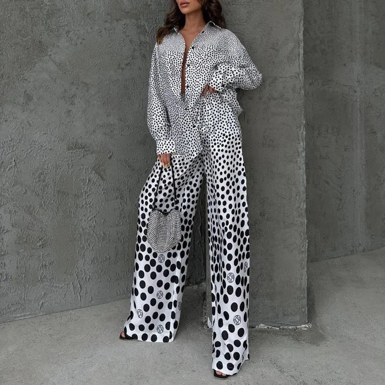 Stylish Polka Dot Print Loose Long Sleeve Shirt and Wide Leg Pants Two-Piece Set for Effortless Fashion