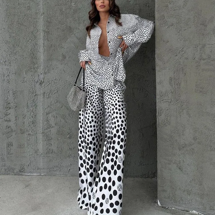 Stylish Polka Dot Print Loose Long Sleeve Shirt and Wide Leg Pants Two-Piece Set for Effortless Fashion