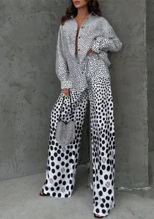 Stylish Polka Dot Print Loose Long Sleeve Shirt and Wide Leg Pants Two-Piece Set for Effortless Fashion