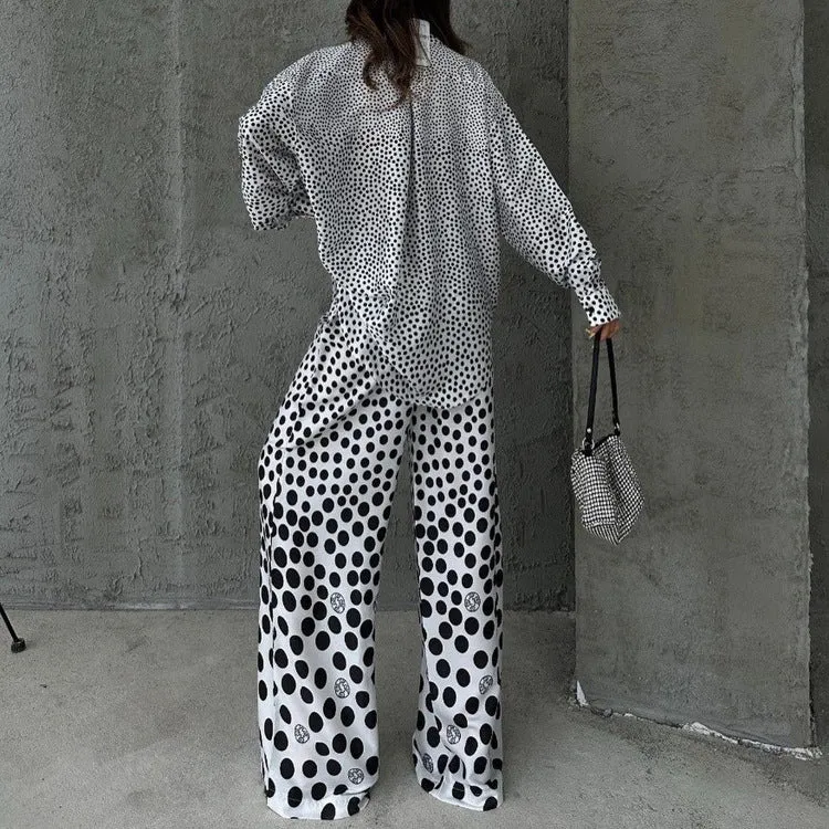 Stylish Polka Dot Print Loose Long Sleeve Shirt and Wide Leg Pants Two-Piece Set for Effortless Fashion