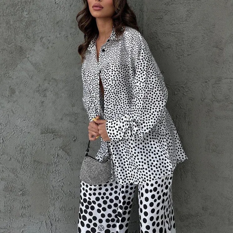 Stylish Polka Dot Print Loose Long Sleeve Shirt and Wide Leg Pants Two-Piece Set for Effortless Fashion