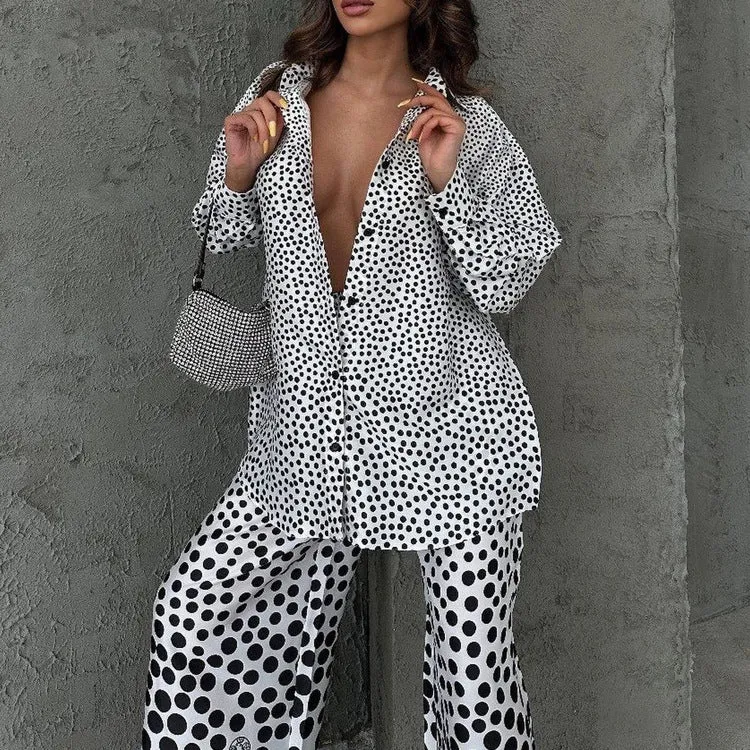 Stylish Polka Dot Print Loose Long Sleeve Shirt and Wide Leg Pants Two-Piece Set for Effortless Fashion