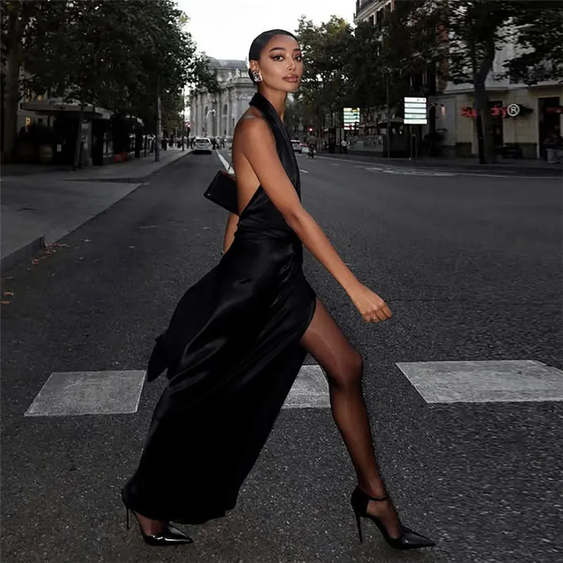 Sultry Deep V Halter Gown with High Slit for Timeless Evening Elegance