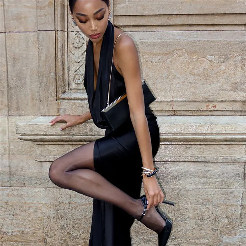 Sultry Deep V Halter Gown with High Slit for Timeless Evening Elegance