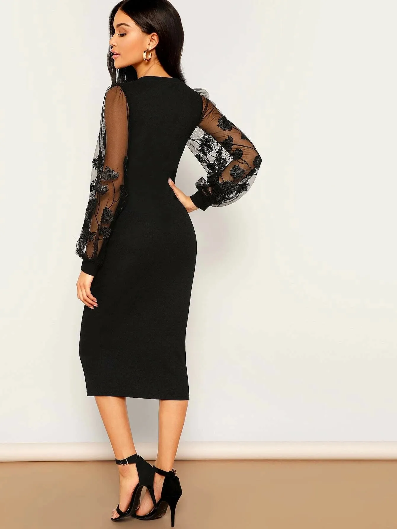 Timeless Elegance Mesh Lantern Sleeve Fitted Midi Dress