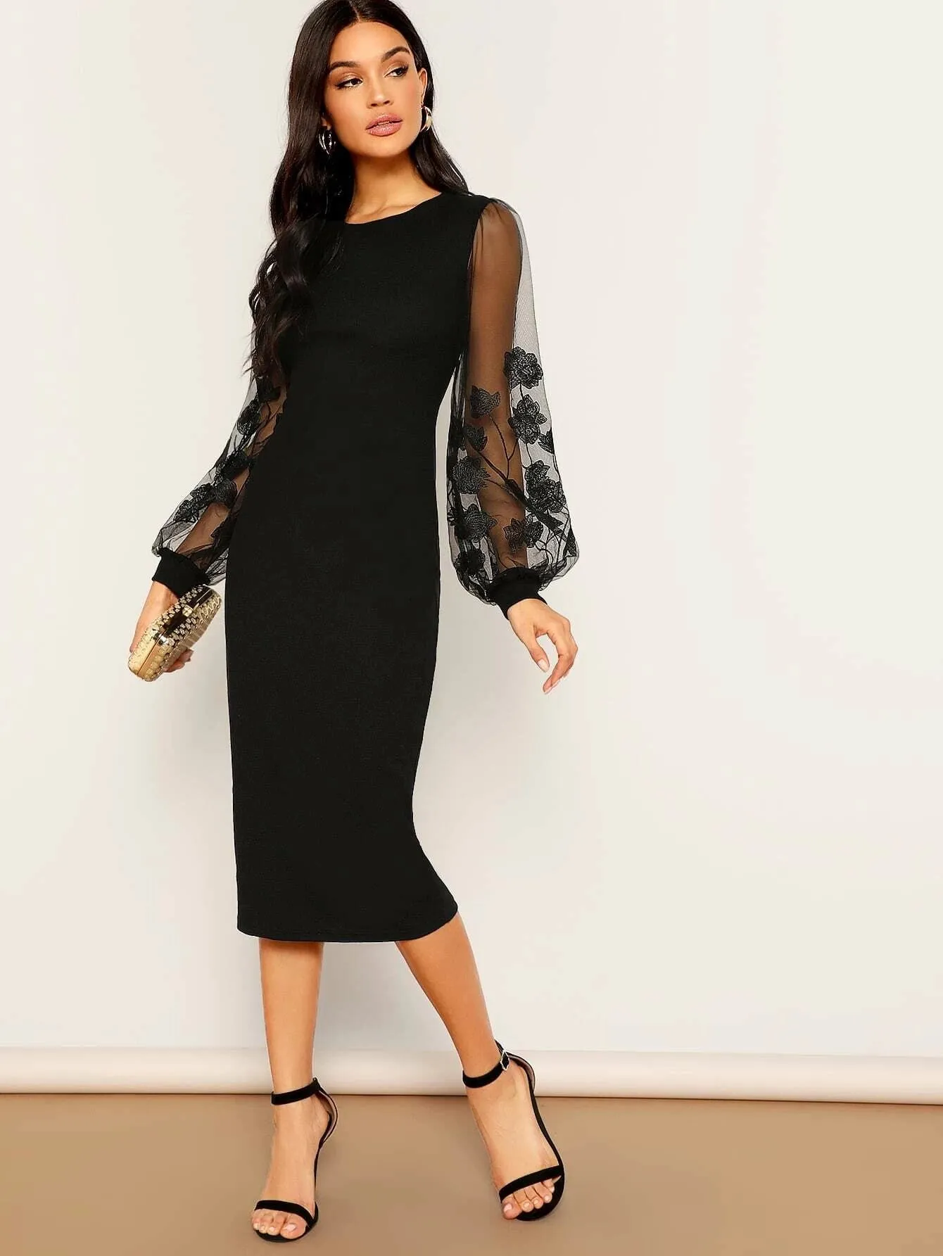 Timeless Elegance Mesh Lantern Sleeve Fitted Midi Dress