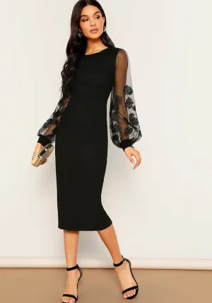 Timeless Elegance Mesh Lantern Sleeve Fitted Midi Dress