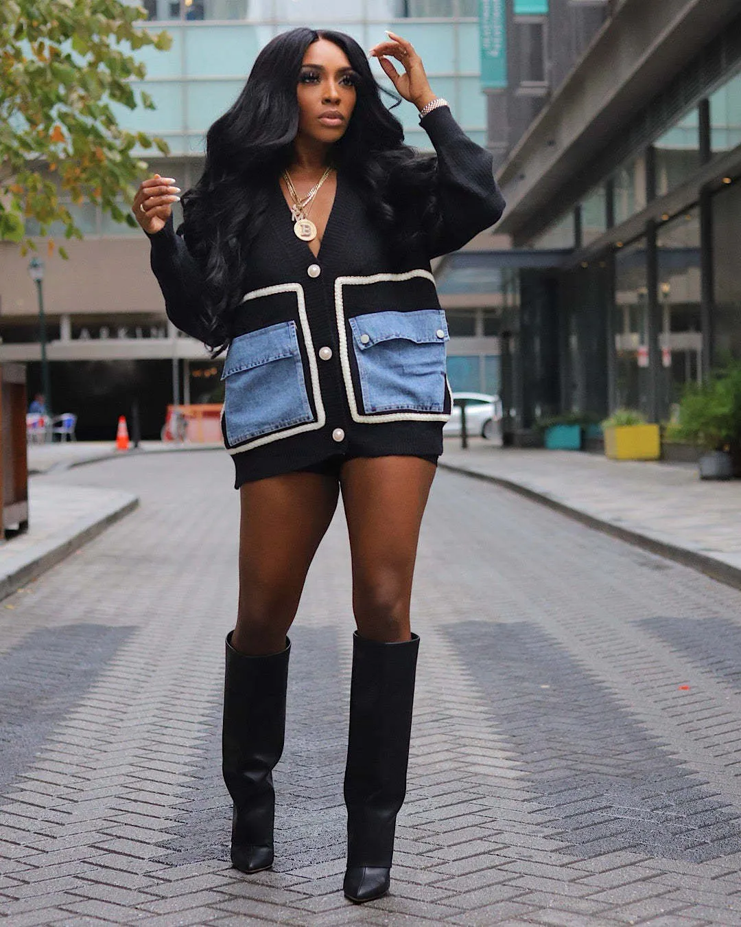Trendy Oversized Patchwork Cardigan with Denim Pocket Accents