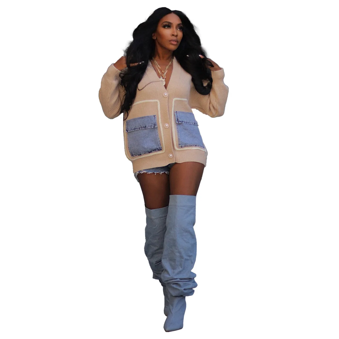 Trendy Oversized Patchwork Cardigan with Denim Pocket Accents