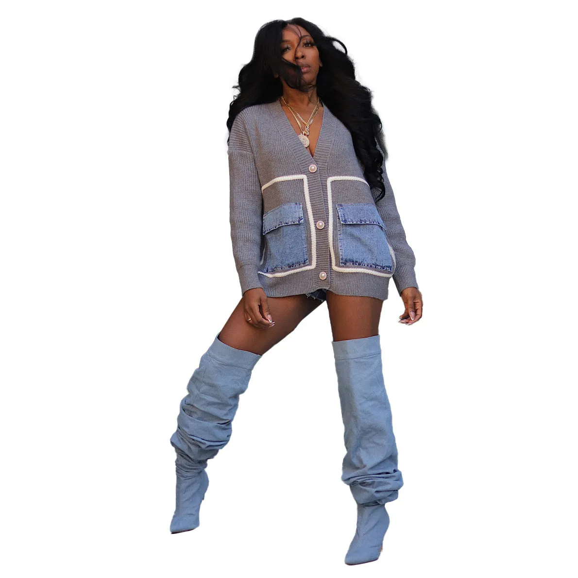 Trendy Oversized Patchwork Cardigan with Denim Pocket Accents